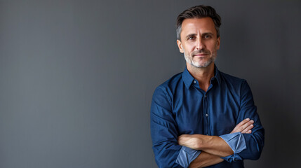 Obraz premium A modern businessman in a casual blue shirt, standing confidently with crossed arms against a gray background.