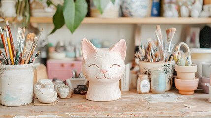 Artistic workspace with a whimsical cat sculpture