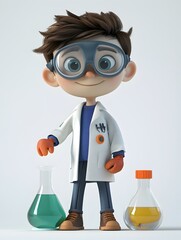 Cartoon Style Image of a Young Boy Dressed as a Scientist Investigating Chemistry Experiments with Beakers and Lab Equipment in a Laboratory Setting