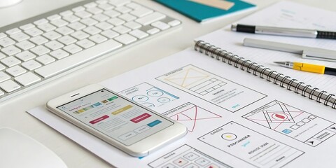 Fototapeta premium Minimalist UX Design Desk - Wireframes & Mockups