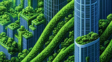 Futuristic cityscape, vibrant green infrastructure, carbon-neutral buildings, net zero goals