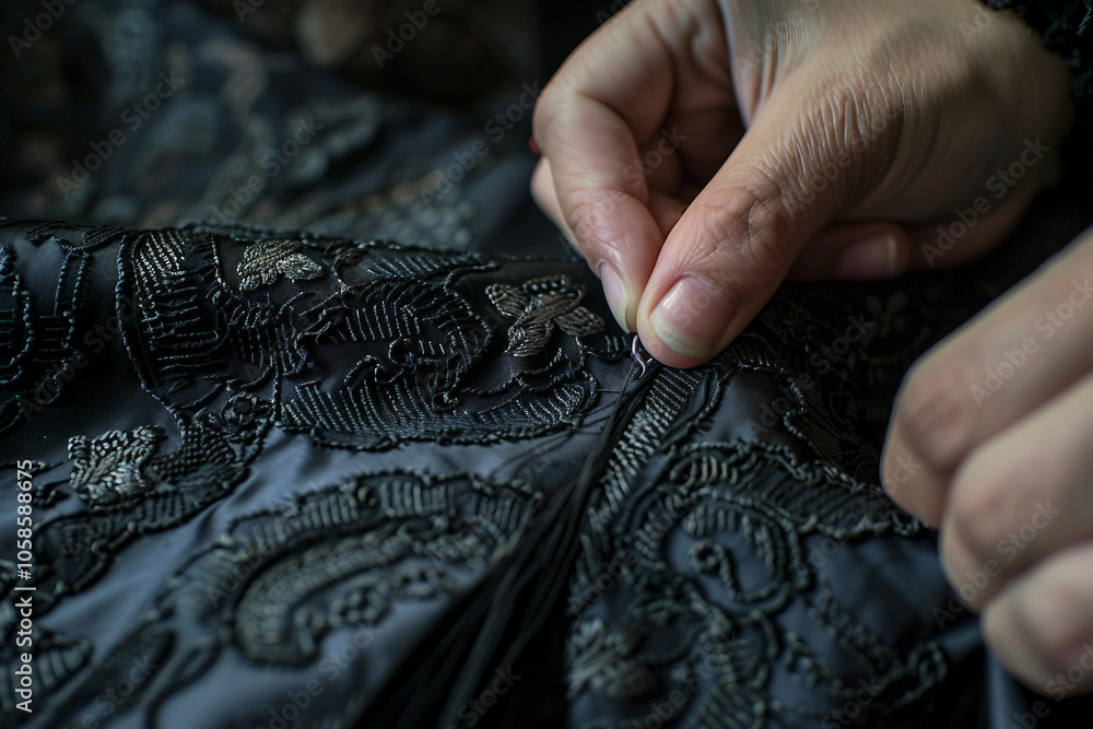 Poster close up of hands embroidering colorful floral patterns generative ai image