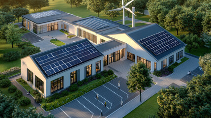 A modern, eco-friendly building with solar panels and a wind turbine set in a lush green environment promoting sustainability.