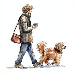 watercolor painting of a man walking his fluffy poodle while enjoying a cup of coffee, on isolated white background