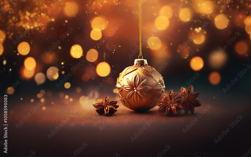 Poster A single golden Christmas ornament hangs from a string against a dark background of out-of-focus lights. Three star anise pods rest on a table beneath the ornament.
