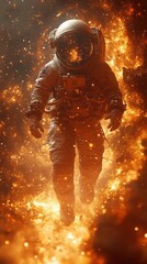 Fototapeta premium Astronaut floating through a fiery cosmic environment.