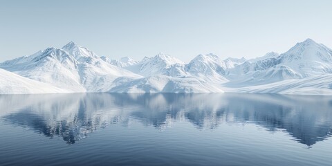 Majestic Antarctic landscape featuring snow-capped mountains and a calm, reflective lake under a clear sky showcasing the serene beauty of this remote region