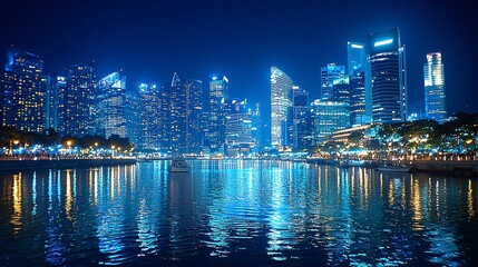 Fototapeta premium Stunning Night Skyline of a Modern City with Reflections in the Water