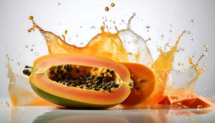 Fresh ripe papaya a few slices and a splash of Fresh ripe papaya juice form a dynamic image against a white background