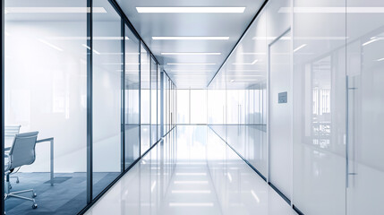 A modern white office corridor or hallway features a large window overlooking the meeting room.