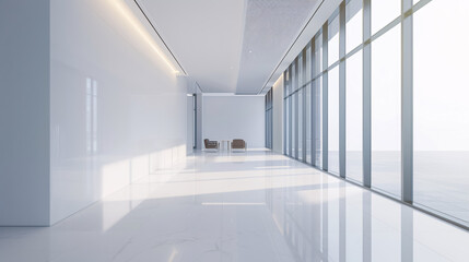 Fototapeta premium A modern white office corridor or hallway features a large window overlooking the meeting room.