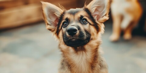 A cute dog in a puppy training class keenly observes with its head tilted. Invest in your dogs training and buy supplies for cooking and pet related needs at a pet shop.