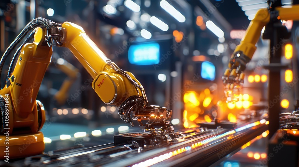Poster automated robotic arms in high-standard assembly line for precision manufacturing