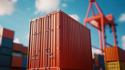 Busy port scene featuring stacked shipping containers under a clear sky