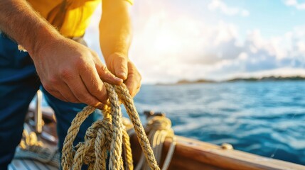 Marine worker skillfully adjusting fishing gear on a bright sunny day at sea