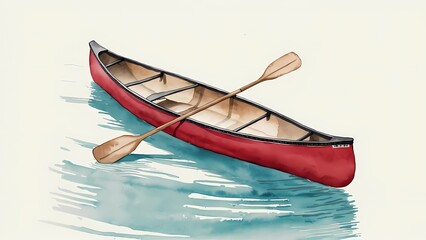 Watercolor design of a Red canoe with a light brown paddle, summer vacation concept