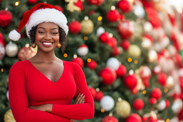 Close-up view of young smiling african american woman wearing santa hat and santa suit standing near decorated christmas tree outdoors.