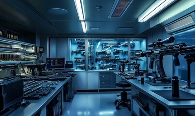 A dimly lit room with many rifles and gun parts.