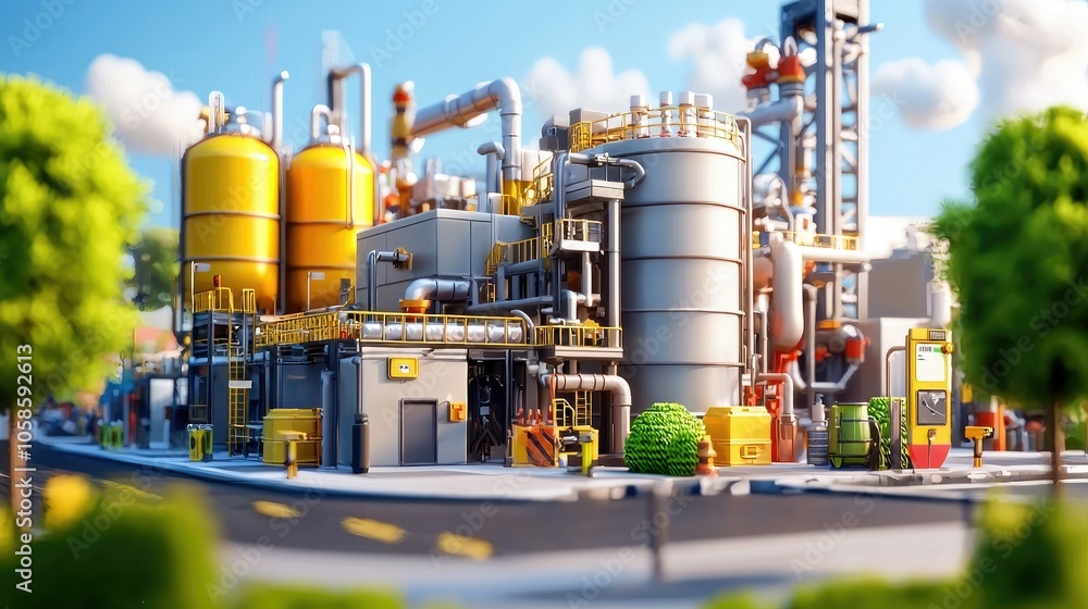 Poster exploring a modern chemical factory with large storage tanks and industrial design elements