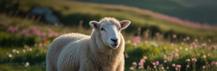 Obraz premium A sheep grazes peacefully in a vibrant flower-filled meadow during the golden hour of a sunny day in the countryside
