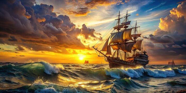 Panoramic View of Pirate Ship on the High Seas