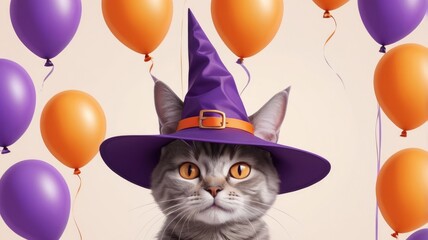 Cute Cat in a Witch Hat Surrounded by Bright Orange and Violet Balloons on Halloween