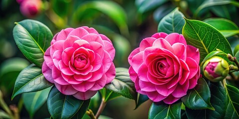 Pink Camellia Flowers in Bloom - Close Up with Copy Space