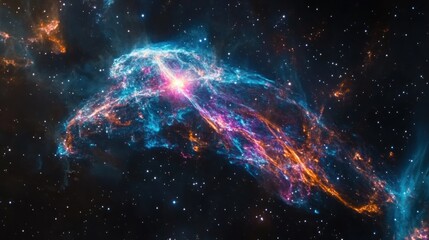 Obraz premium A vibrant nebula, swirling with blue, orange, and pink hues, against a backdrop of twinkling stars.