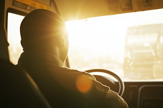 Driver turns steering wheel of truck, bus at sunset time. Skilled chauffeur drives lorry to deliver freight. Cargo shipping service. Drives Journey. Drivers silhouette against a vivid sundown. Travel