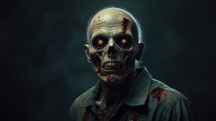 A haunting depiction of a zombie under the moonlight in a graveyard at night reveals chilling details of the undead with glowing eyes and decayed skin