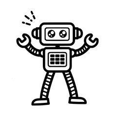 Cartoon robot isolated on white, hand drawn vector illustration, doodle style drawing. Sketch design element for banner, flyer, card, collage.
