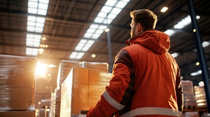 Warehouse worker in thermal jacket efficiently loading goods for distribution