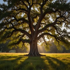 Fototapeta premium Mighty Oak Tree Standing in a Sunlit Meadow, Representing Strength and Growth in Nature