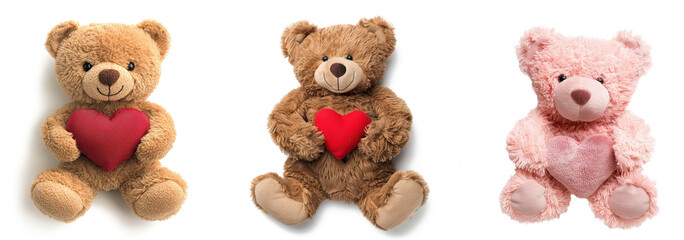 set of Cute Teddy Bears Holding a Red Heart: A Symbol of Love and Affection