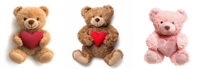 set of Cute Teddy Bears Holding a Red Heart: A Symbol of Love and Affection