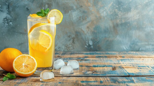 Posh Lemonade on Wooden Table with Ice, Yellow and Orange, Isolated with Copy Space.