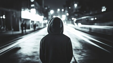 Black and white photo of a crime suspect in the city, captured with a long exposure technique at night, highlights urban life and security themes, with ample copy space available.