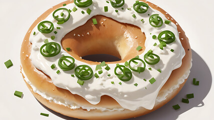 A simple icon of a bagel topped with cream cheese and chives, presented in a flat vector style.
