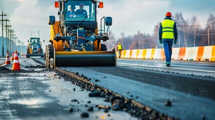 Road Construction: Workers Paving Asphalt with Heavy Machinery