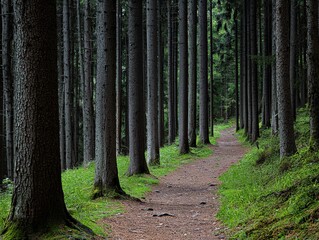 Obraz premium A tranquil forest path winding through tall trees under a canopy of leafy greens