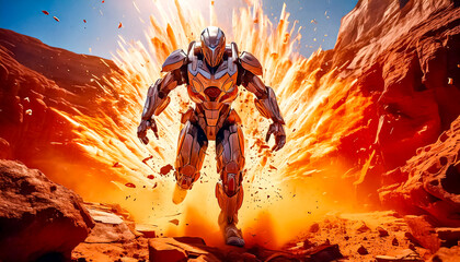 Fototapeta premium Astronaut in armored, robotic spacesuit in action on planet surface, Starship troopers, space exploration, galaxy study mission, space science. Explosion, unfriendly planet, space war, robot astronaut