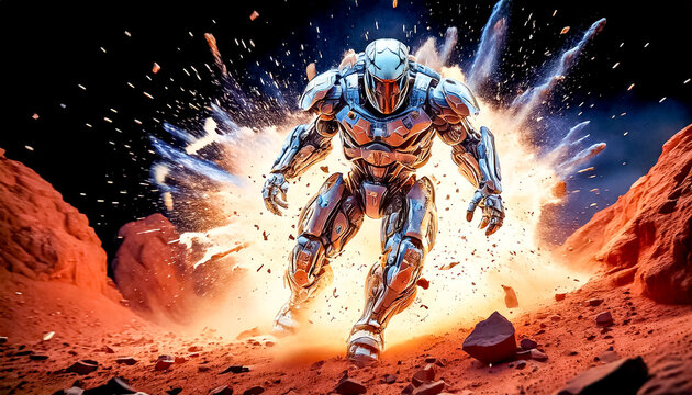 Astronaut in armored, robotic spacesuit in action on planet surface, Starship troopers, space exploration, galaxy study mission, space science. Explosion, unfriendly planet, space war, robot astronaut