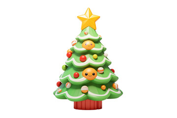 Kawaii cartoon Christmas tree with colorful ornaments and star. festive holiday celebration design, transparent background, PNG cutout.