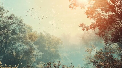 Retro vintage design captures a scenic forest with a sunny background, perfect for product wallpapers inspired by the 1950s design aesthetic. The photo offers ample copy space.