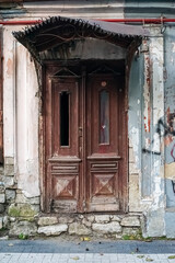 Old vintage wooden door. Entrance doors to houses