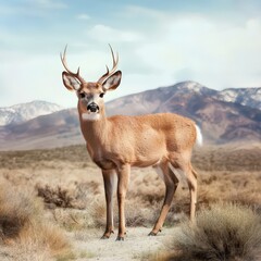 Obraz premium A majestic buck stands gracefully in a serene landscape with mountains in the background
