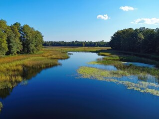 Fototapeta premium Tranquil river flowing through lush wetlands at midday under a bright blue sky