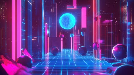 Psychedelic retro-futuristic set with surreal geometric shapes, wireframes, and cyberpunk elements.