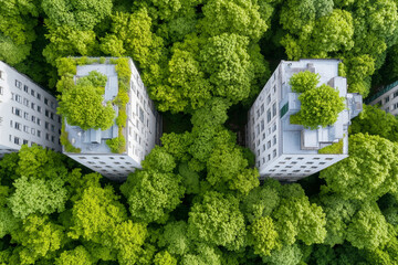 Innovative sustainable architecture featuring biophilic design and green roofs in a net zero community