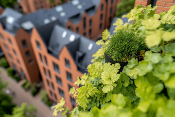 Innovative sustainable architecture featuring biophilic design and green roofs in a net zero community
